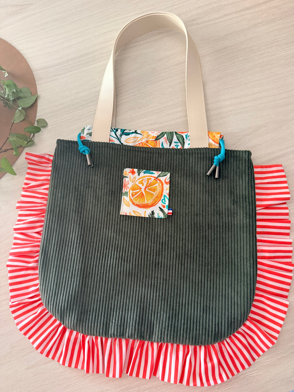 Sac Totebag Orange – Kaki & Rayures Rouges
