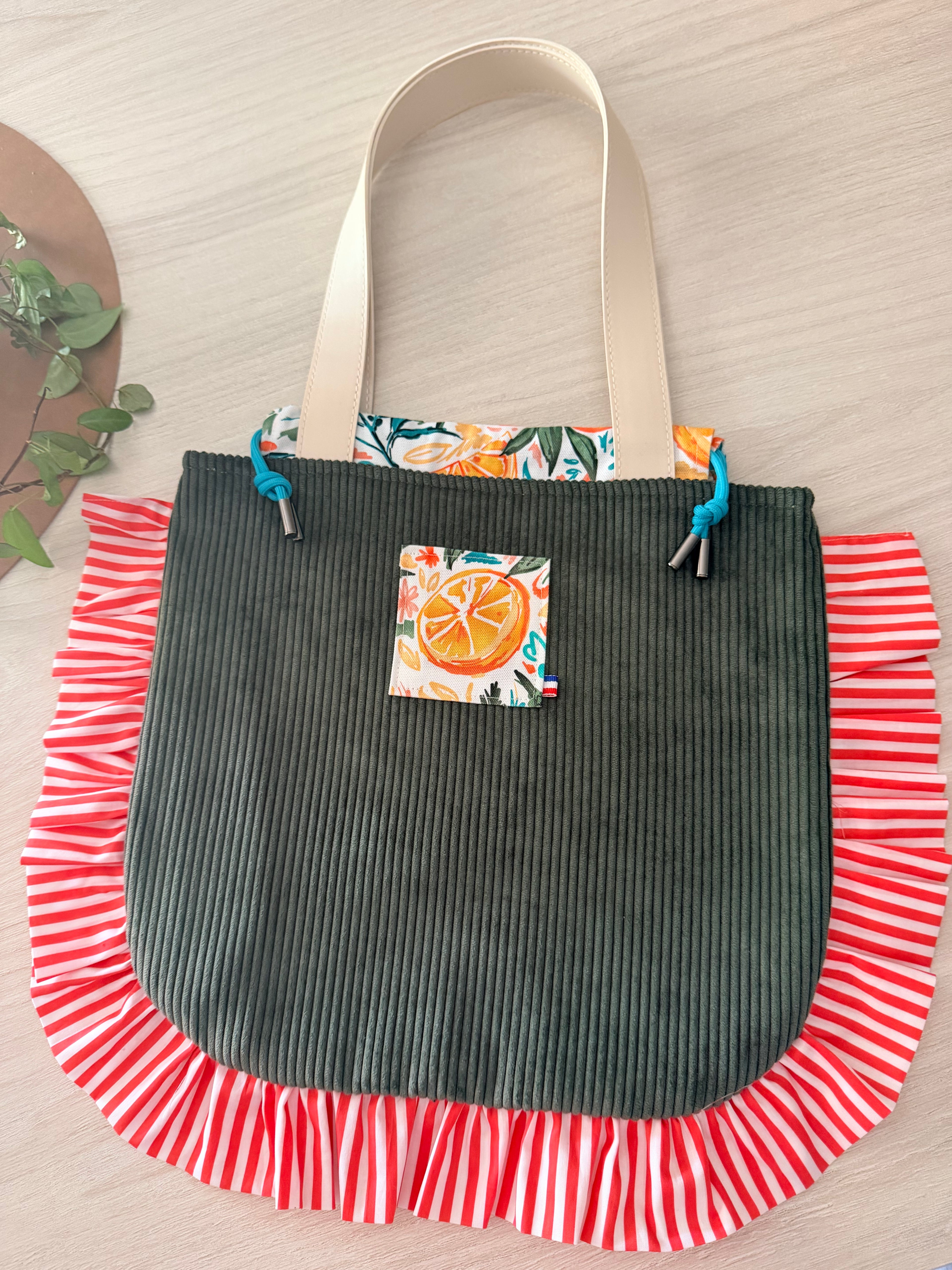Sac Totebag Orange – Kaki & Rayures Rouges