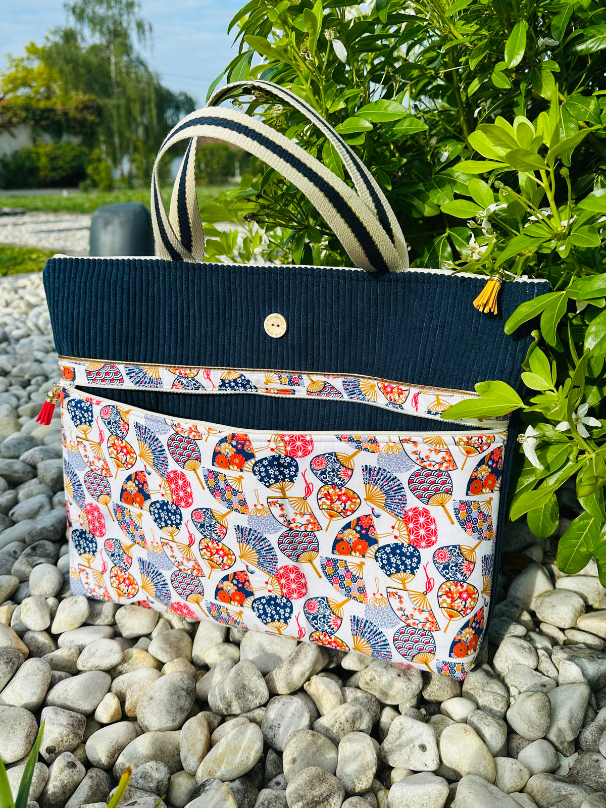 Sacoche Ordinateur Bleu Marine – Tissu Japonais & Bandoulière, Sur Mesure | Le Petit Atelier 27