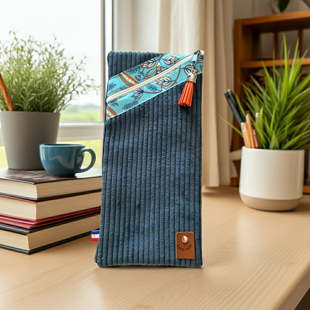 Étui à lunettes Velours Côtelé Bleu Canard & Motif – Le Petit Atelier 27