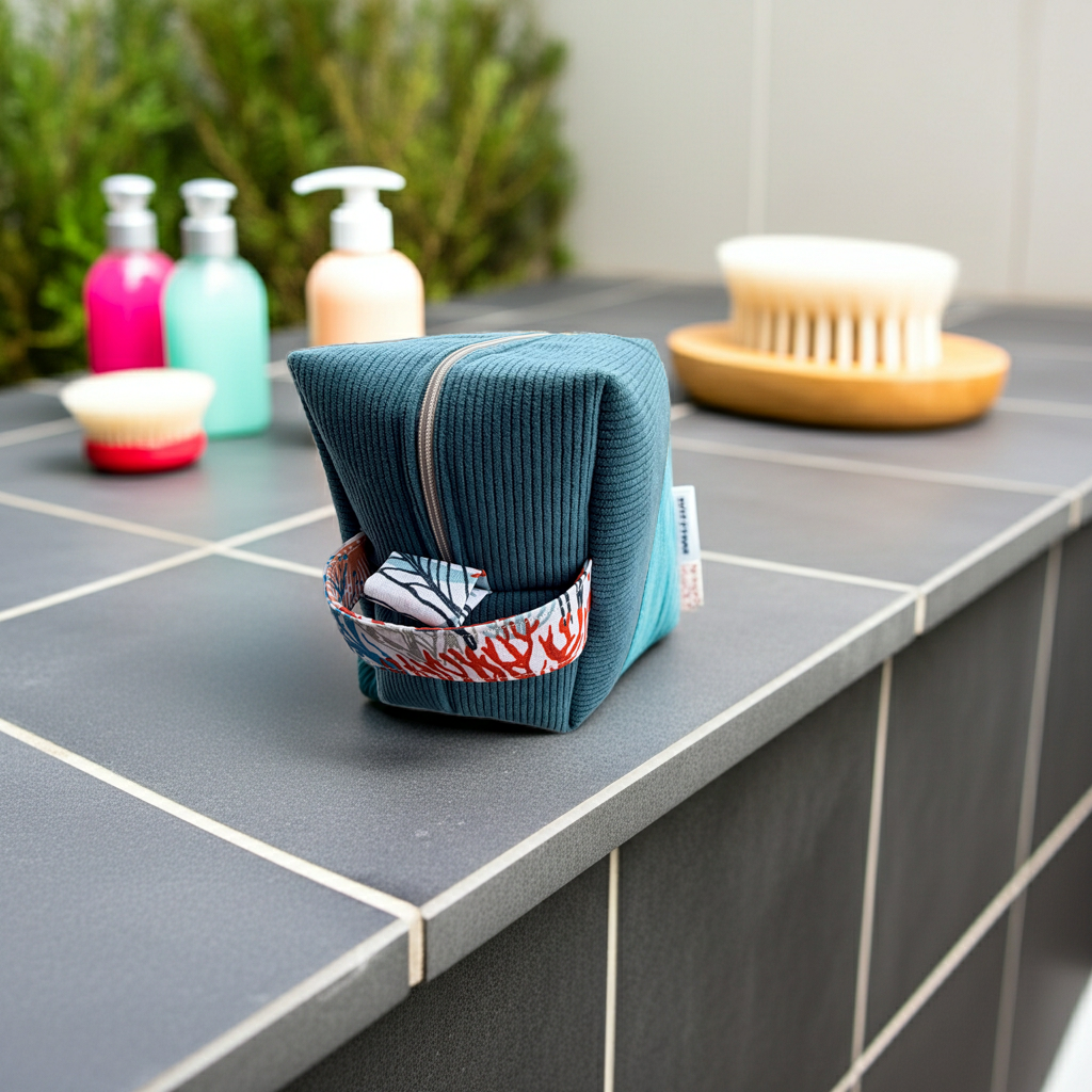 Grande trousse de toilette Velours Côtelé Bleu Canard – Le Petit Atelier 27