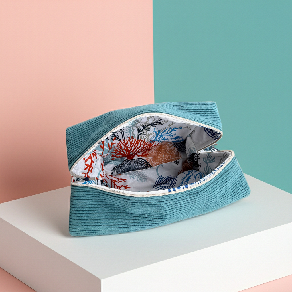 Grande trousse de toilette Velours Côtelé Bleu Canard – Le Petit Atelier 27