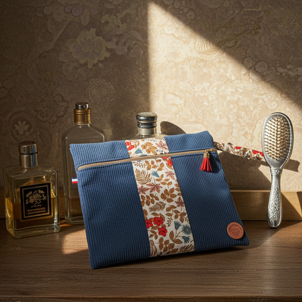 Pochette Plate Velours Côtelé Bleu Acier & Motif Fleuri – Le Petit Atelier 27
