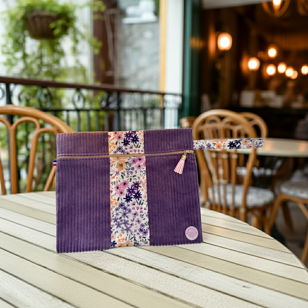 Pochette Plate Velours Côtelé Mauve & Tissu Fleuri – Le Petit Atelier 27