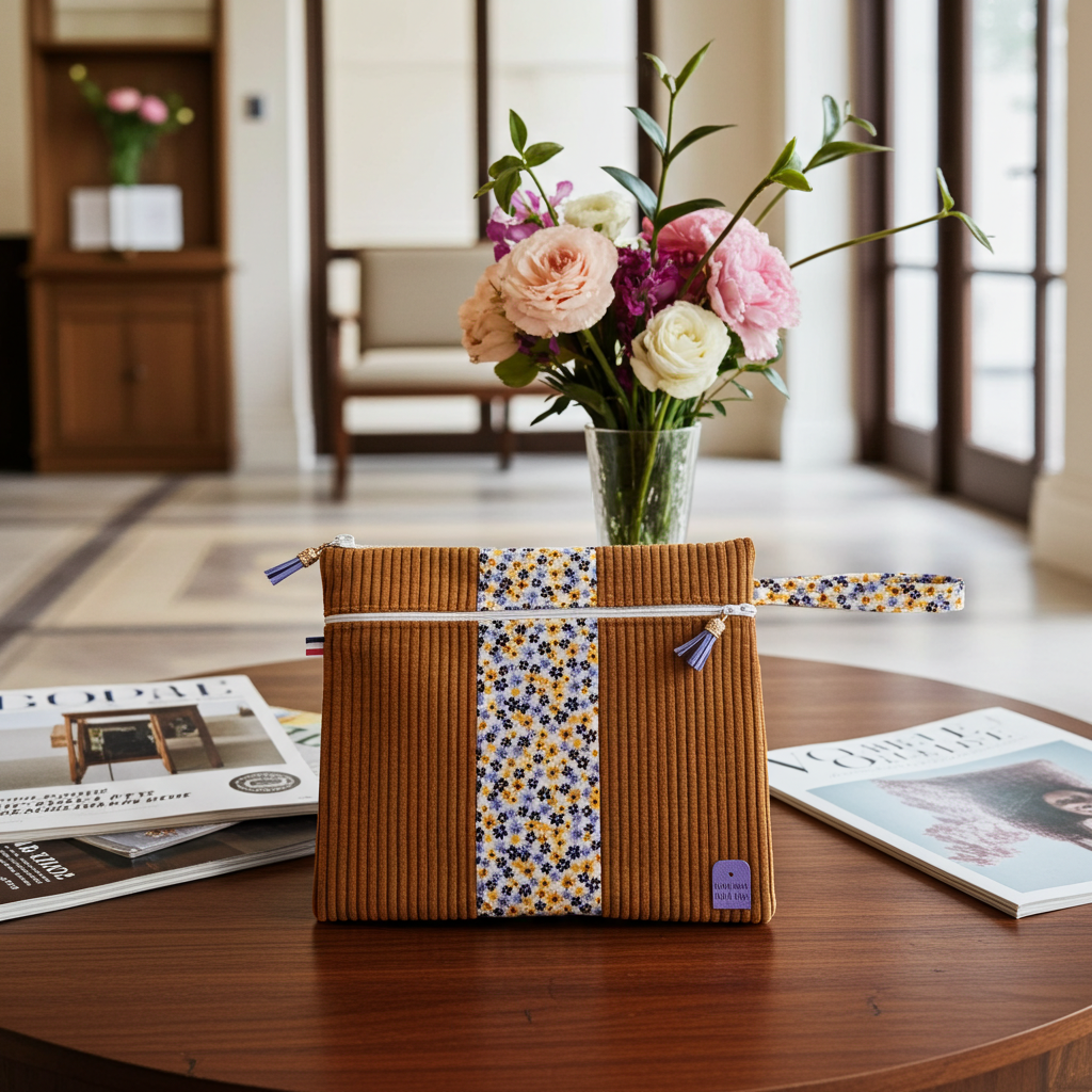 Pochette Plate Velours Côtelé Moutarde & Petites Fleurs Colorées – Le Petit Atelier 27