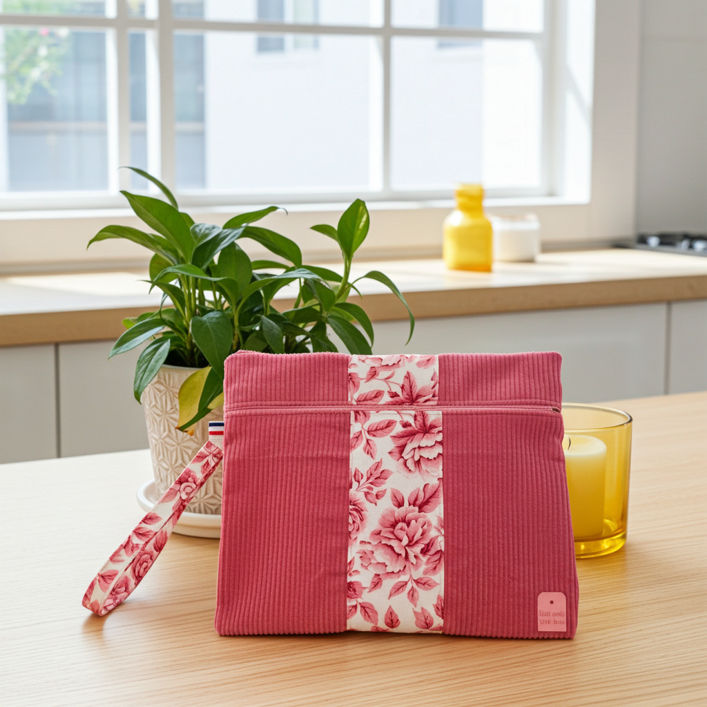 Pochette Plate Velours Côtelé Rose Bonbon & Roses Fleuries – Le Petit Atelier 27