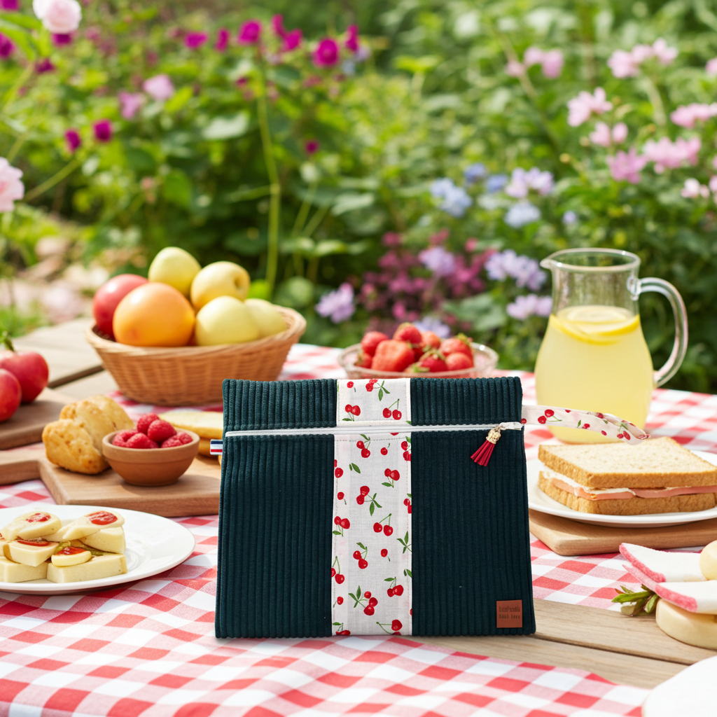 Pochette Plate Velours Côtelé Vert Sapin & Motif Cerises – Le Petit Atelier 27