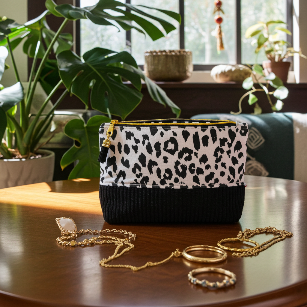 Pochette "Zippée haute" Velours Côtelé Noir & Léopard – Le Petit Atelier 27