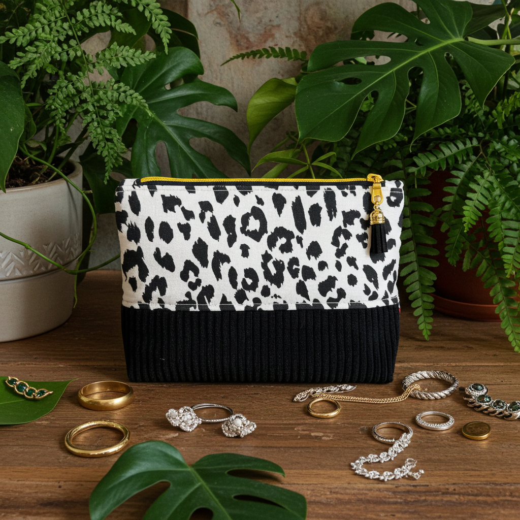 Pochette "Zippée haute" Velours Côtelé Noir & Léopard – Le Petit Atelier 27