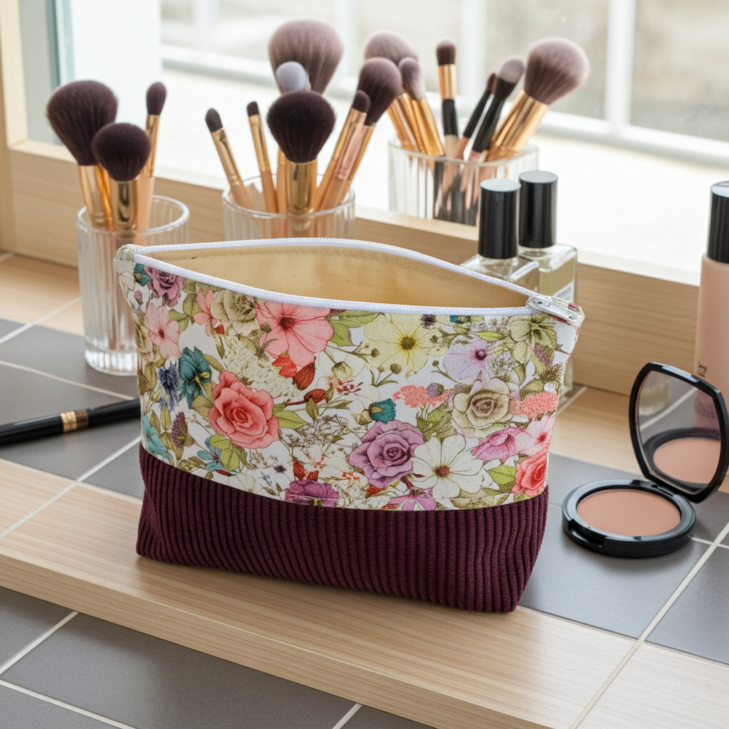 Pochette "Zippée haute" Velours Côtelé Prune & Motif Fleuri – Le Petit Atelier 27