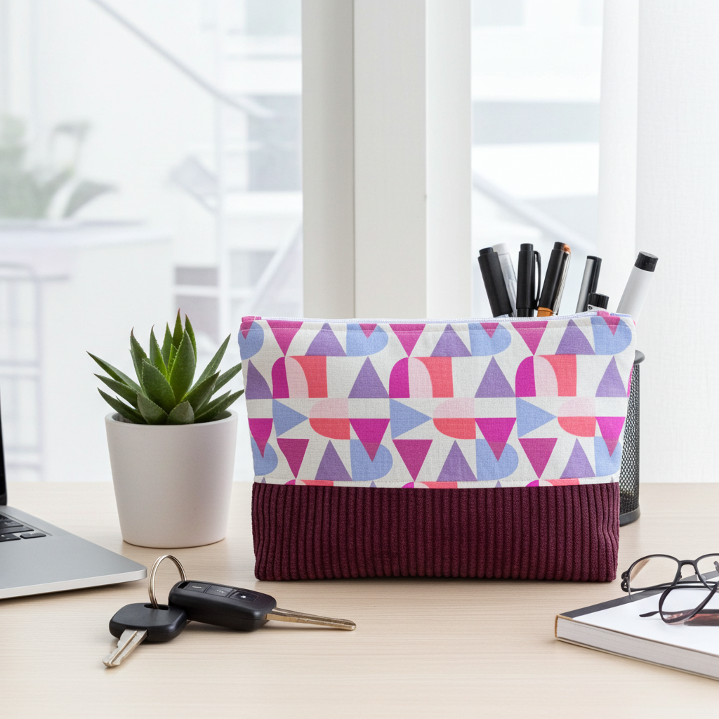 Pochette "Zippée haute" Velours Côtelé Prune & Motif Géométrique – Le Petit Atelier 27