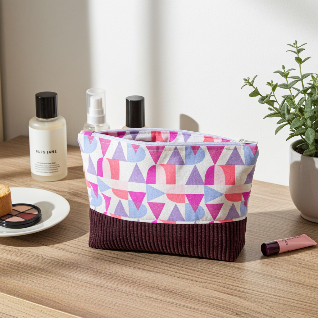 Pochette "Zippée haute" Velours Côtelé Prune & Motif Géométrique – Le Petit Atelier 27