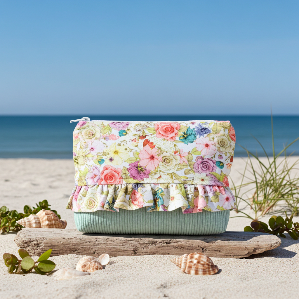 Pochette "Zippée haute" Velours Côtelé Vert Amande & Motif Fleuri – Le Petit Atelier 27