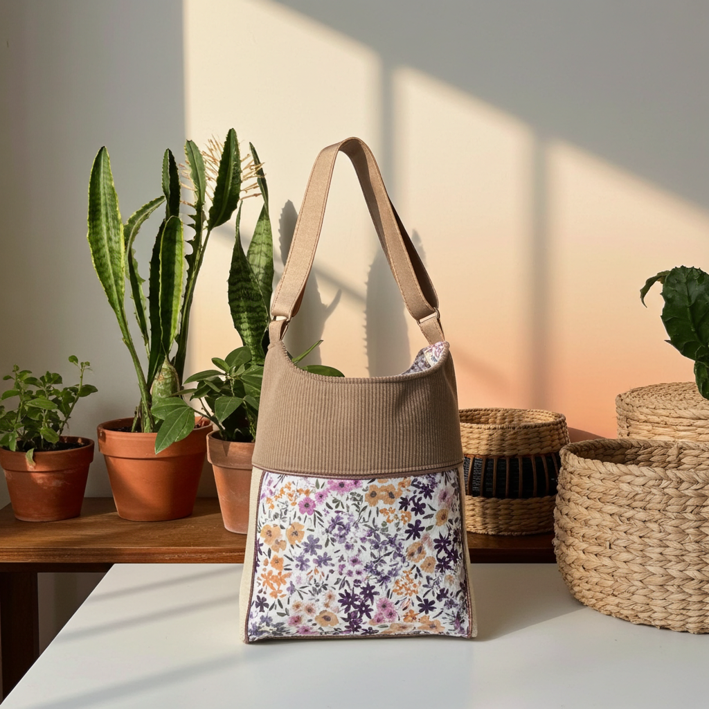 Sac Seau Velours Côtelé Taupe & Simili Cuir Écru Fleuri – Le Petit Atelier 27