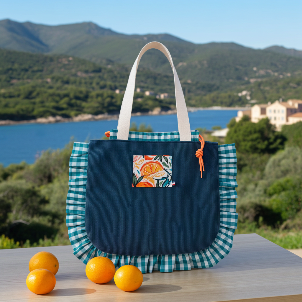 Sac Totebag Velours Côtelé Bleu Canard & Motif Vichy Bleu Canard – Le Petit Atelier 27