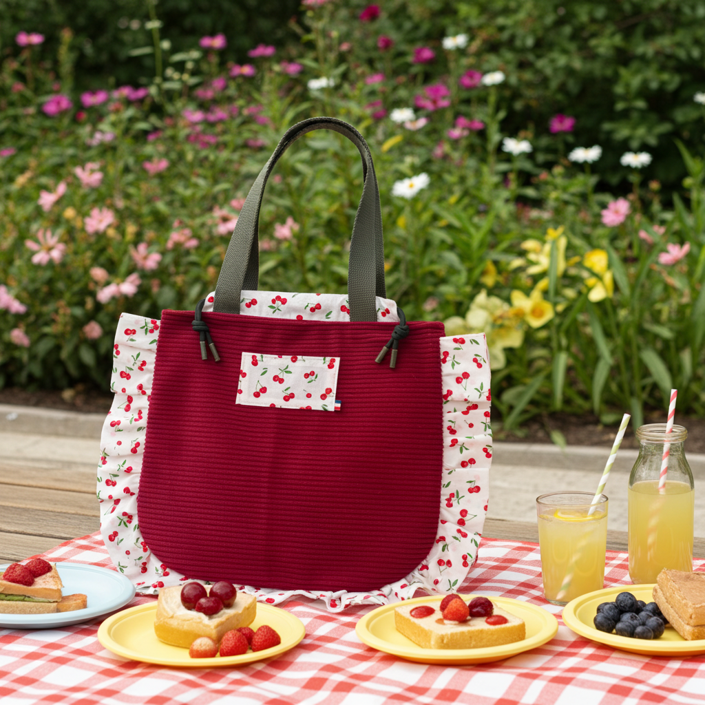 Sac Totebag Velours Côtelé Cerise Bordeaux & Coton Fleuri – Le Petit Atelier 27