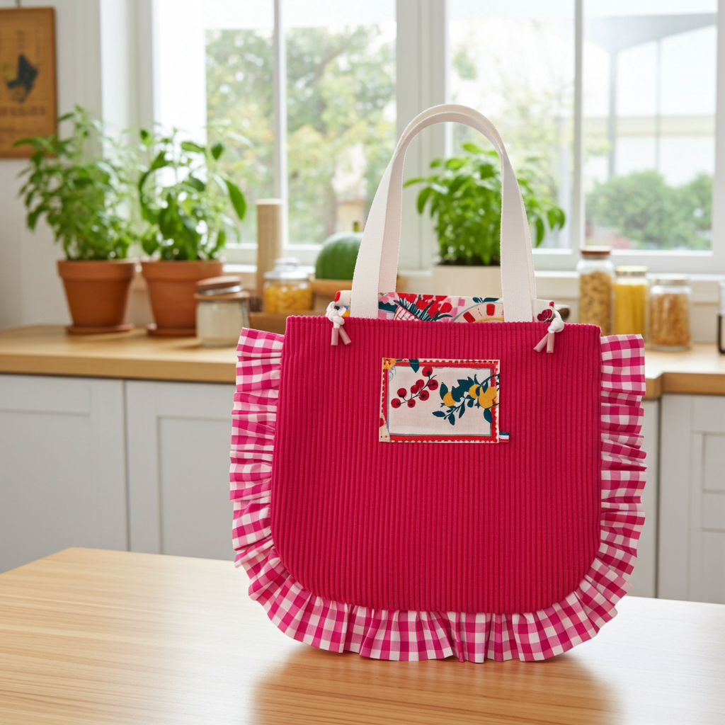 Sac Totebag Velours Côtelé Cerise Framboise & Vichy Rose – Le Petit Atelier 27
