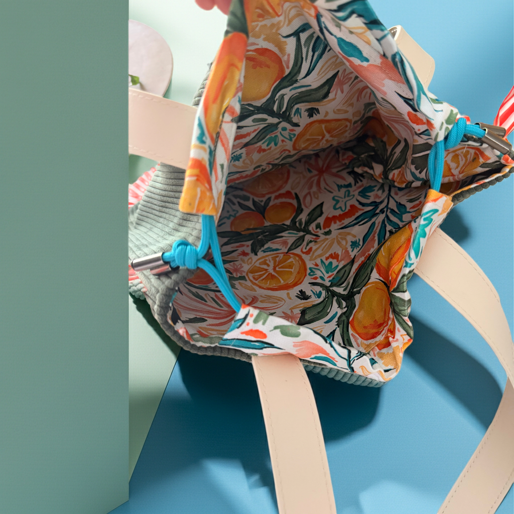 Sac Totebag Velours Côtelé Orange Kaki & Rayures Rouges – Le Petit Atelier 27