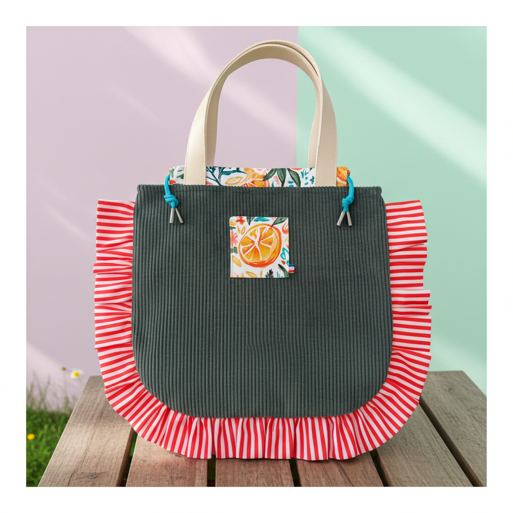 Sac Totebag Velours Côtelé Orange Kaki & Rayures Rouges – Le Petit Atelier 27