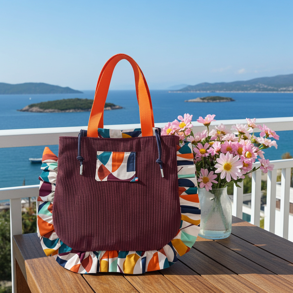 Sac Totebag Velours Côtelé Prune & Motif Géométrique – Le Petit Atelier 27