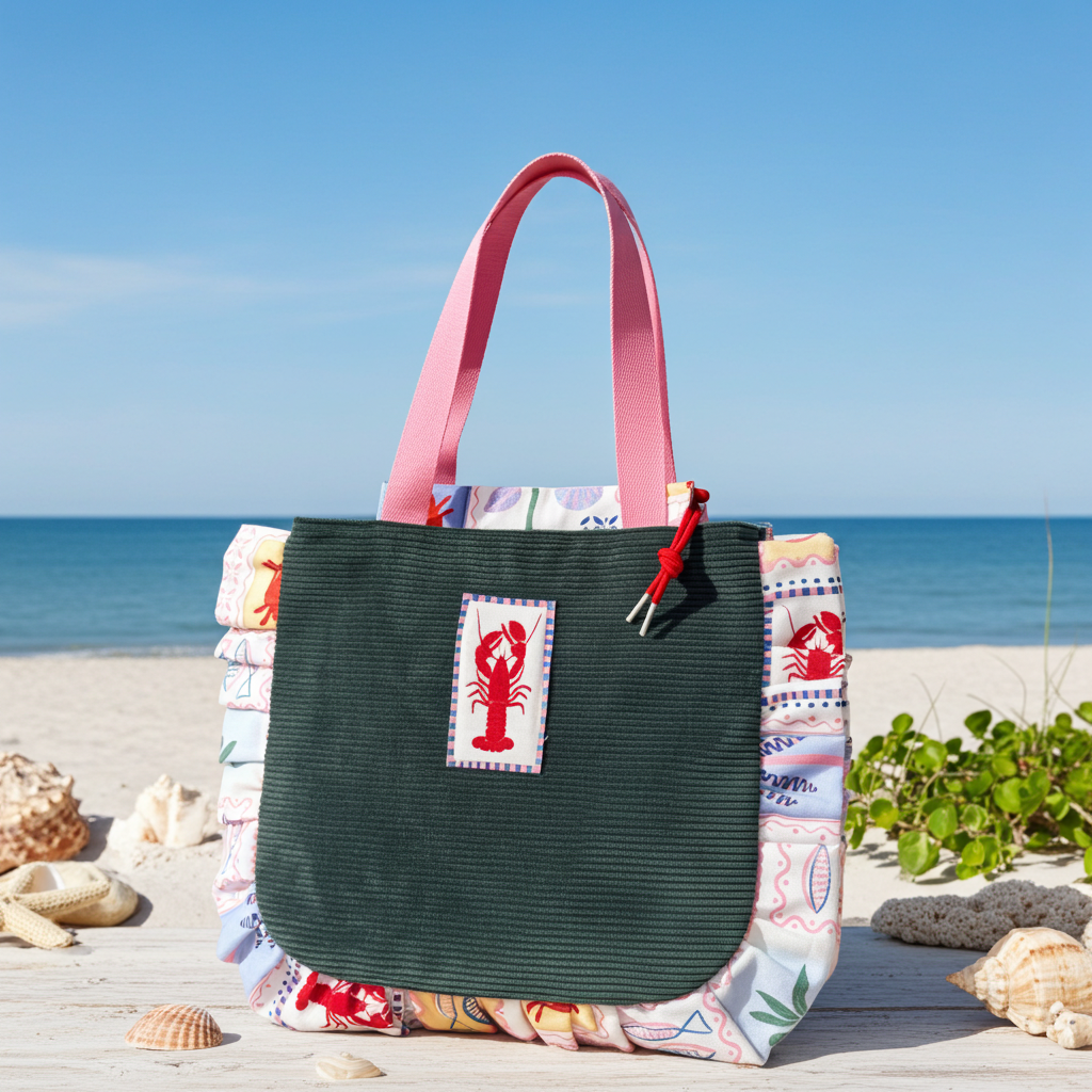 Sac Totebag Velours Côtelé Vert Kaki & Motif Écrevisse – Le Petit Atelier 27