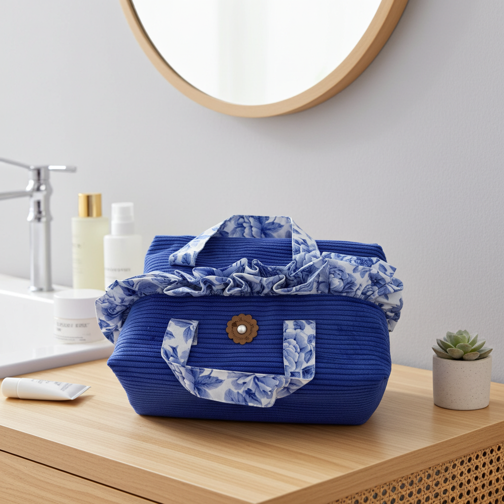 Trousse de Toilette Frou-Frou Velours Côtelé Bleu Klein & Tissu Fleuri Bleu – Le Petit Atelier 27