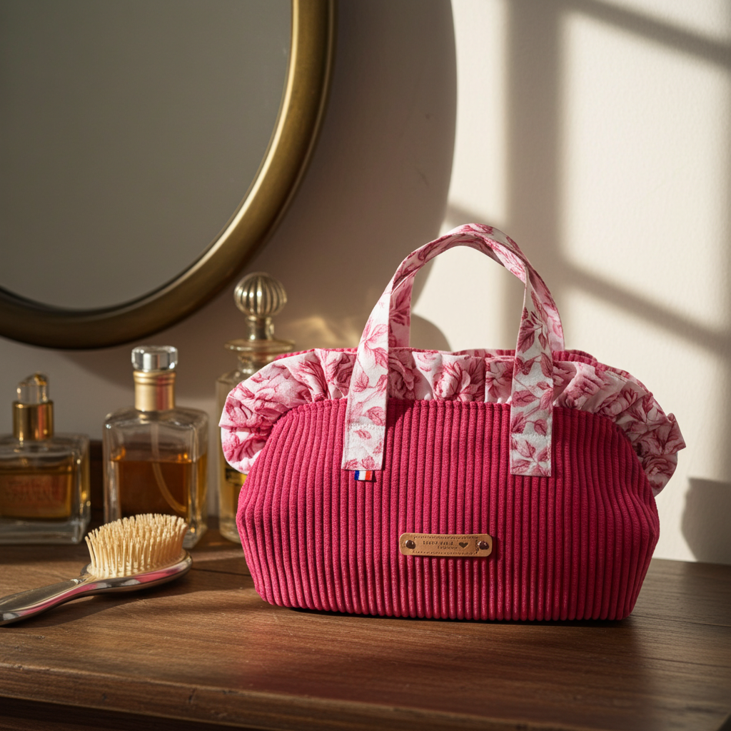 Trousse de Toilette Frou-Frou Velours Côtelé Rose Fuchsia & Tissu Fleuri Rose – Le Petit Atelier 27